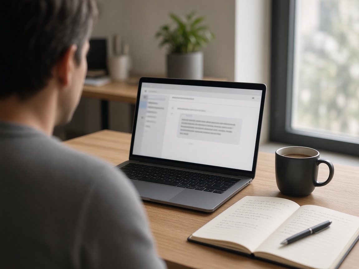 A person reviewing a drafted reply on a laptop