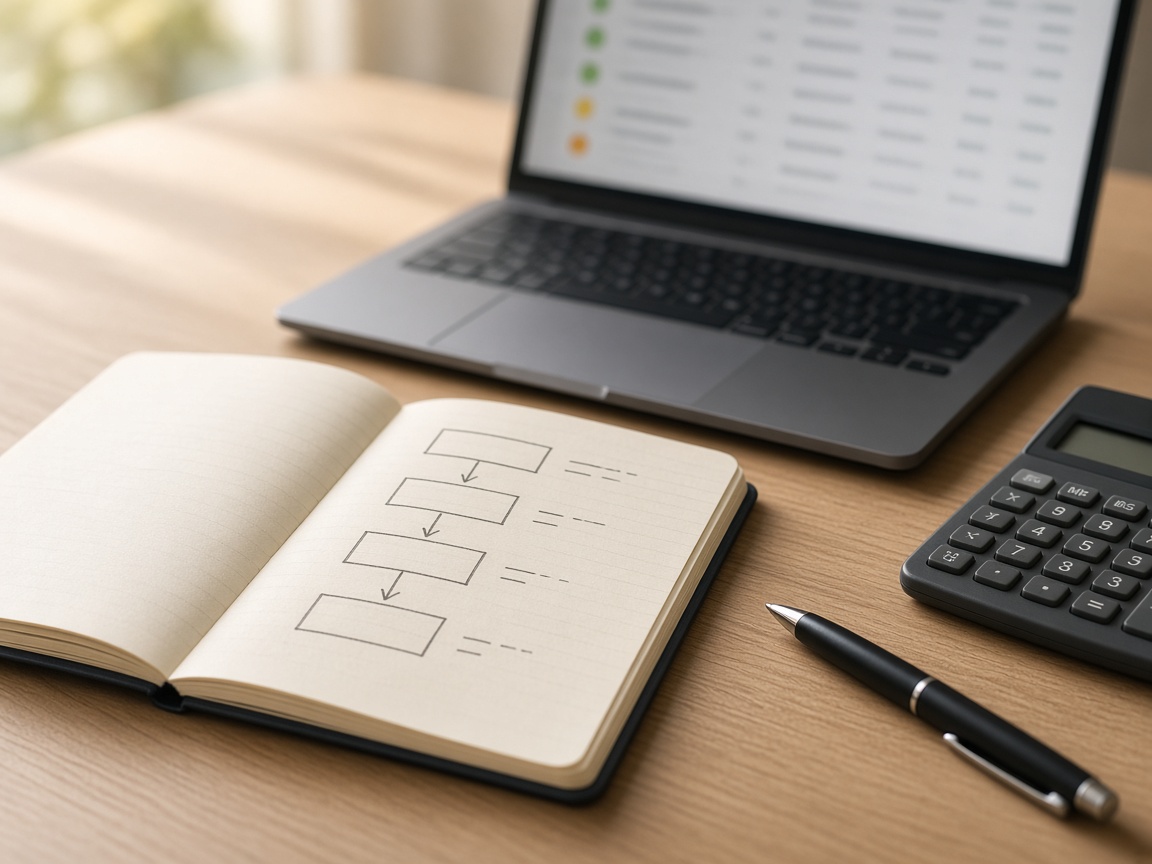 A notebook process sketch beside a laptop and a calculator