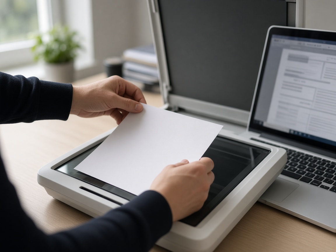 A document being scanned next to a laptop