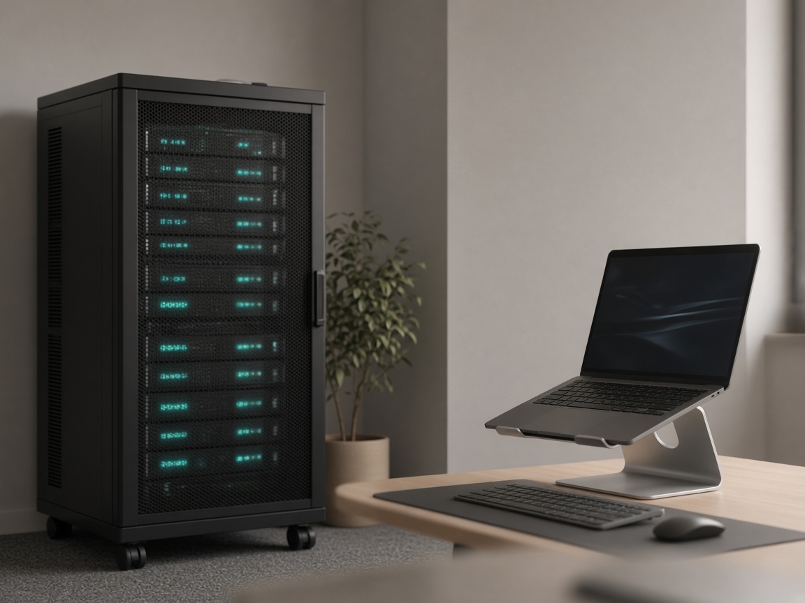 A small server cabinet beside a desk and a laptop