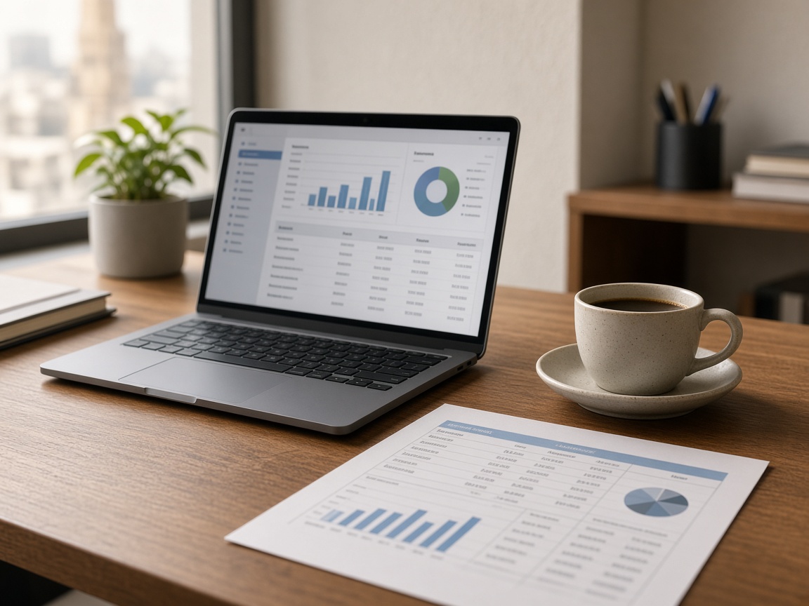 A laptop showing business figures beside a printed report