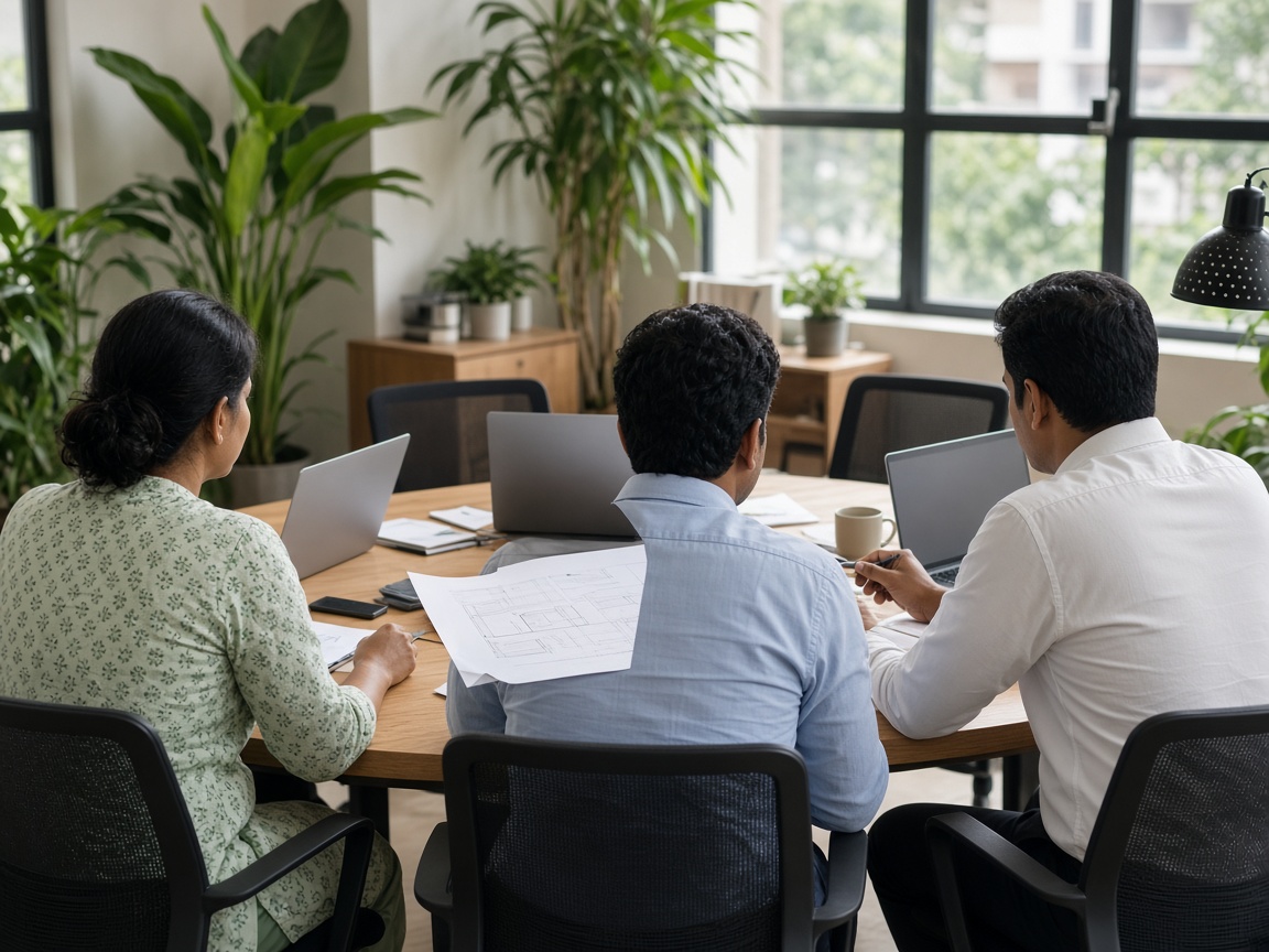 Three people working through a plan at a shared table