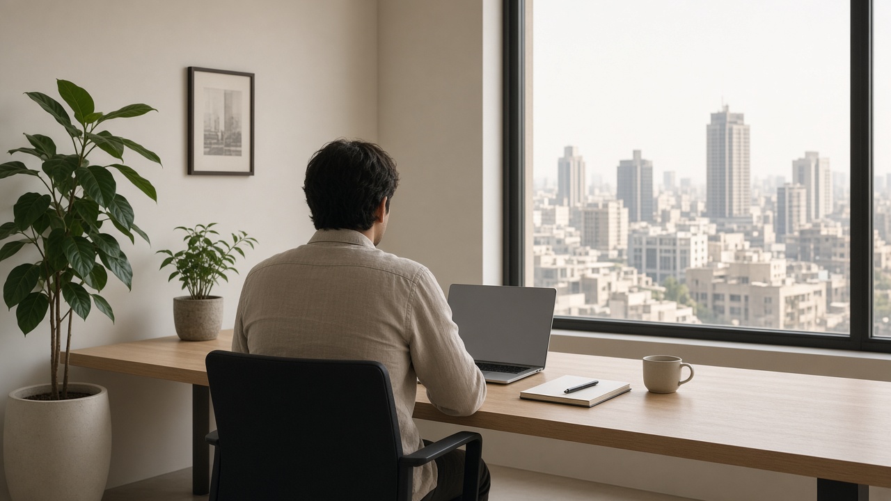 One person working at a desk by a window