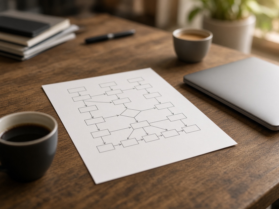 A workshop table with a printed flowchart and a closed laptop