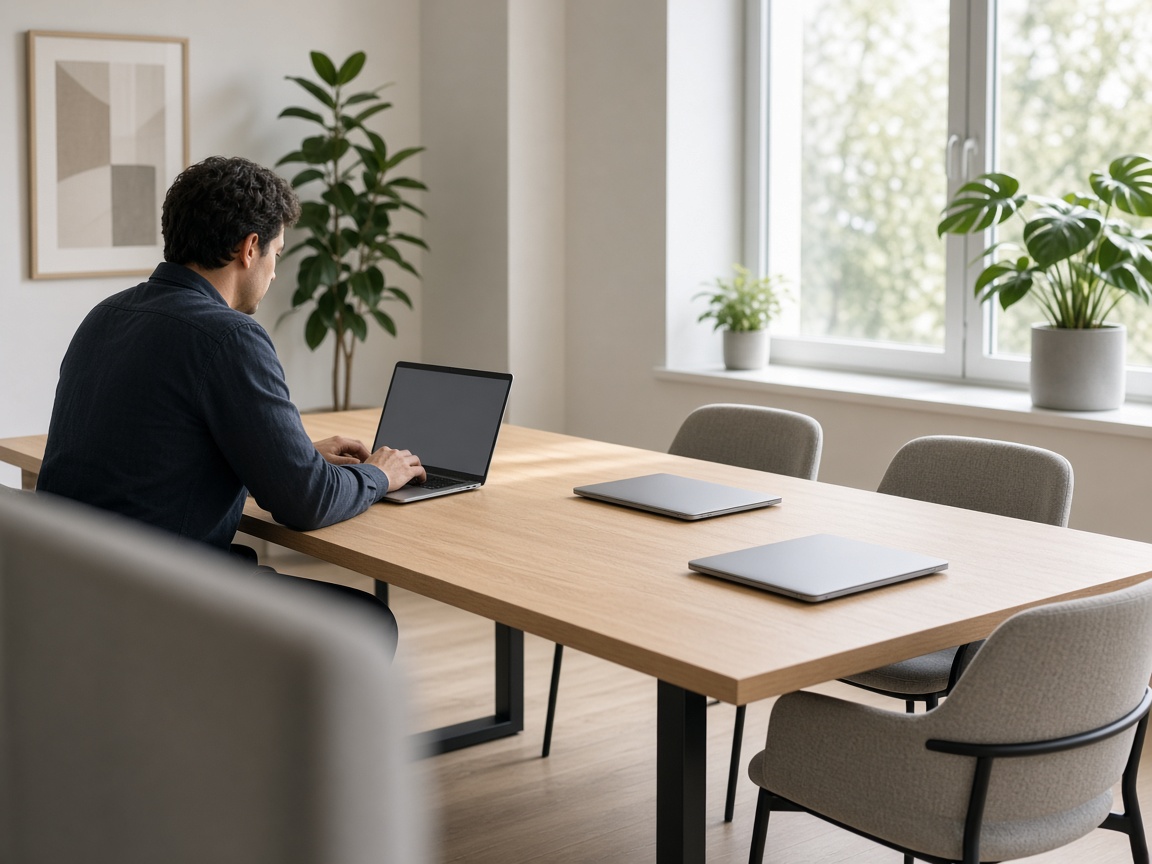 One person working at a long table, with room for more seats