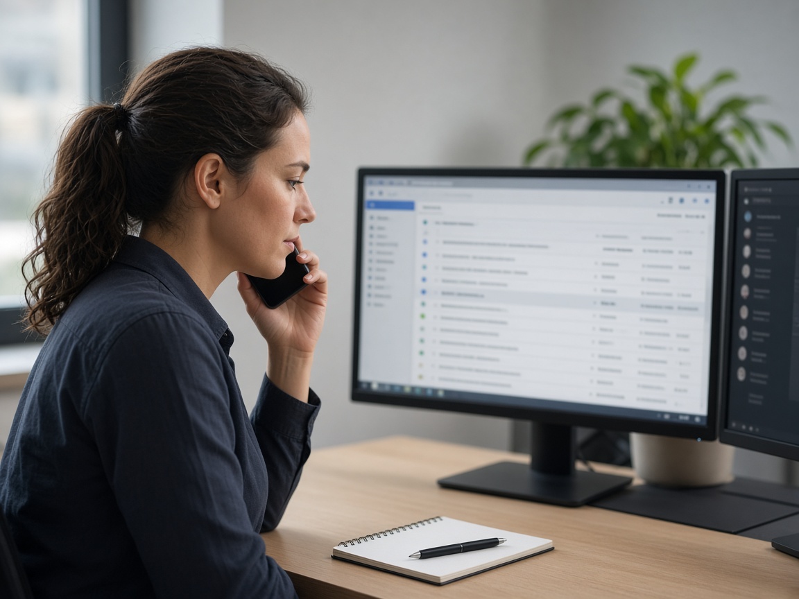 A support desk with a person on a call and a second screen