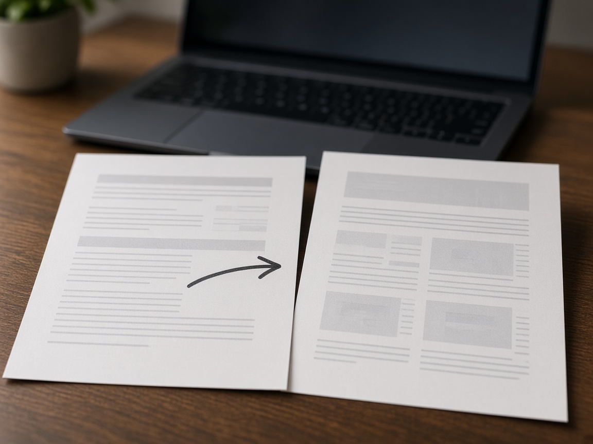 Two versions of a document on a desk, with an arrow toward the newer one